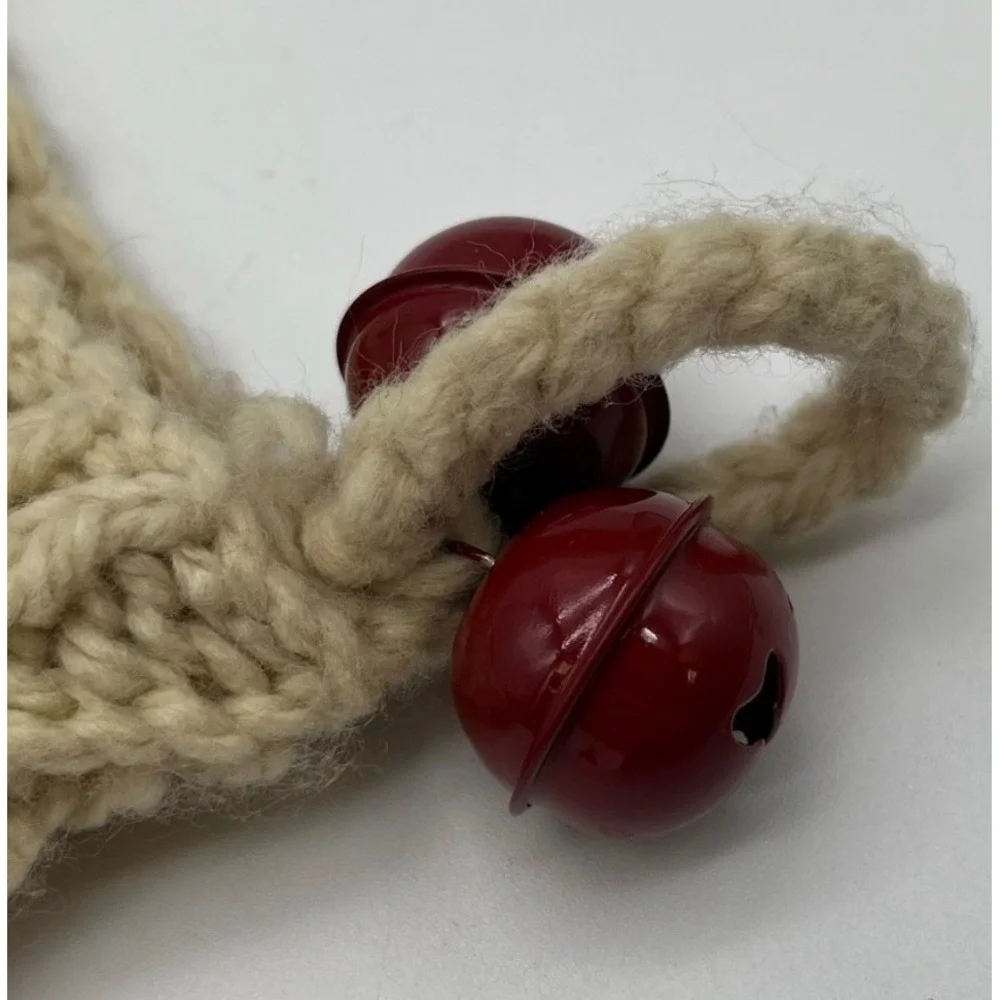 POTTERY BARN Christmas Stocking Red Ivory Chunky Knit‎ Snowflake Bells Holiday
